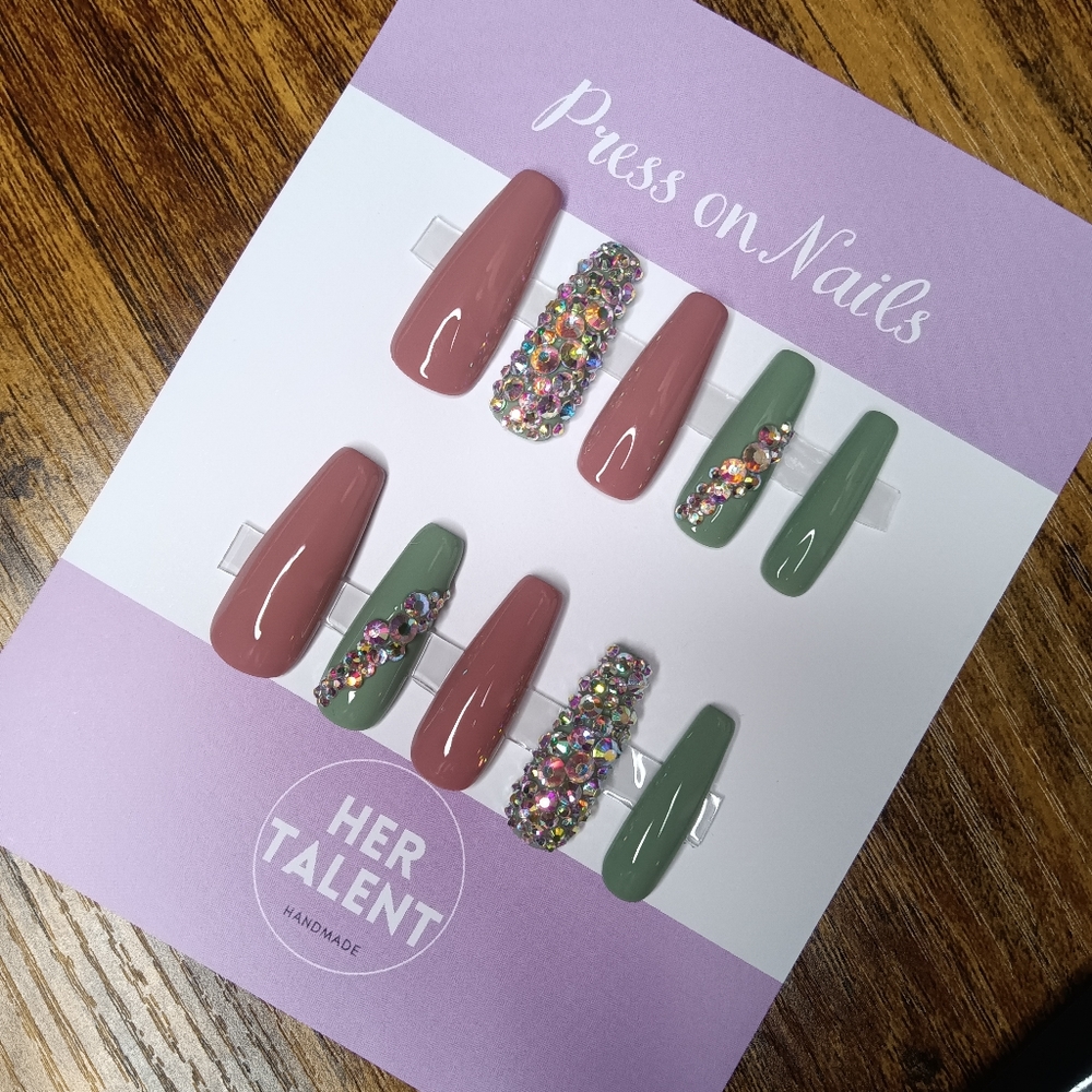 Mauve, green, rhinestones press on nails